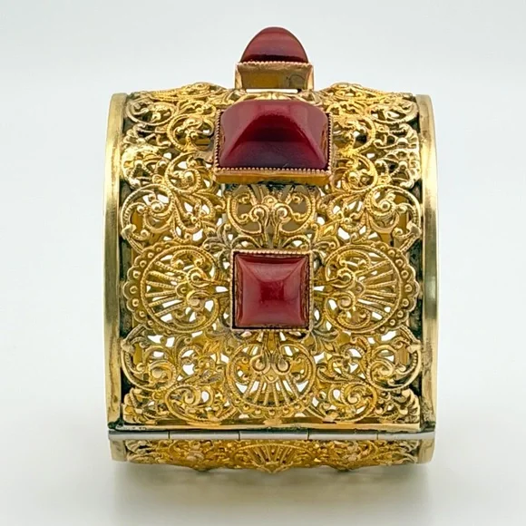 RARE Vintage Napier Gold Plated Brass Filigree Cuff With Carnelian Cabochons. - Picture 6 of 13